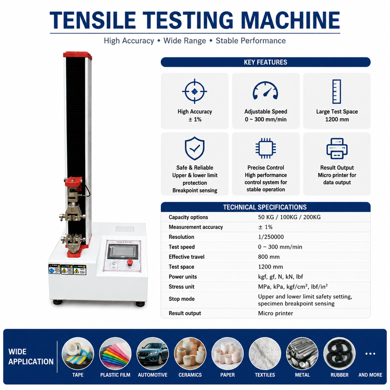 Máquina de Ensaio de Tração de Alta Precisão 50KG 100KG 200KG Testador Universal de Resistência de Materiais para Filme Plástico, Fita, Borracha