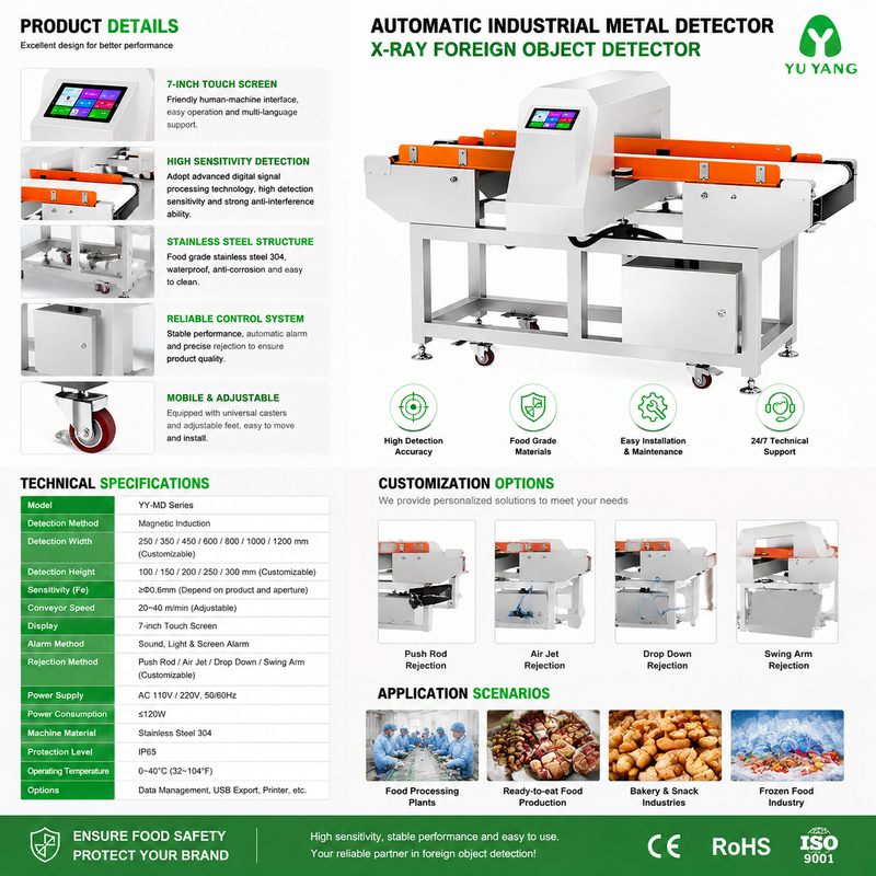 Máquina automática de detector de metais em aço inoxidável de grau alimentício para linha de produção de inspeção de alimentos para lanches