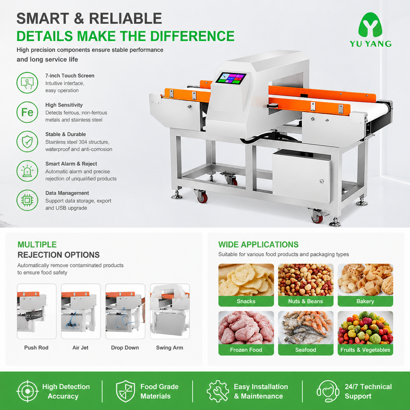 Máquina automática de detector de metais em aço inoxidável de grau alimentício para linha de produção de inspeção de alimentos para lanches