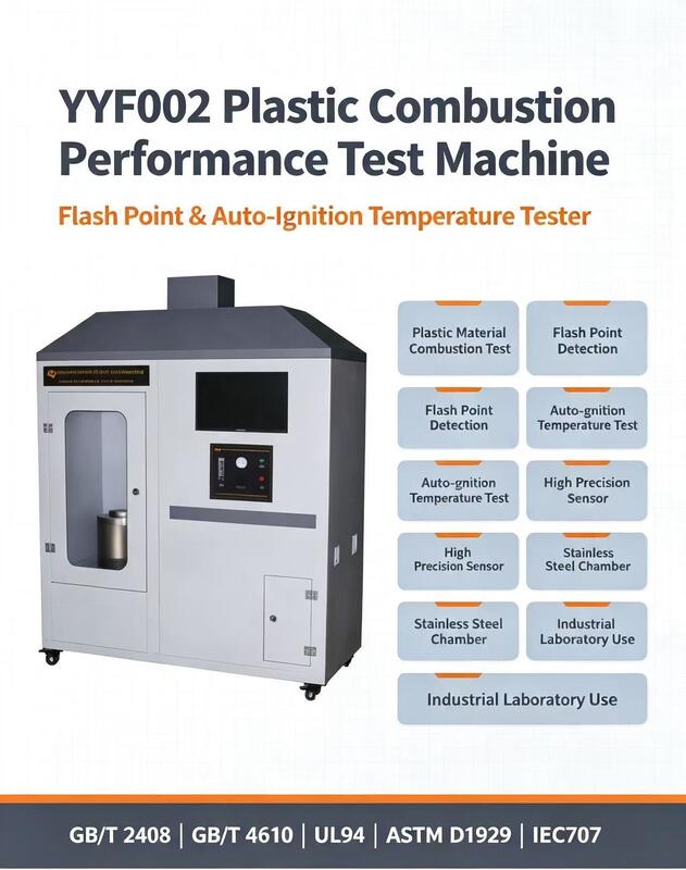 Testador de Inflamabilidade de Plástico com Padrões UL94 ASTM D1929 IEC707 para Teste de Ponto de Fulgor e Temperatura de Autoignição com Fluxo de Ar Ajustável e Precisão de ±1°C