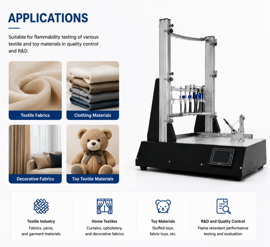 Equipamento de Teste de Inflamabilidade Multiuso com Nível de Chama Ajustável em Aço Inoxidável SUS 304 e Controle PLC para Materiais Têxteis e de Brinquedos