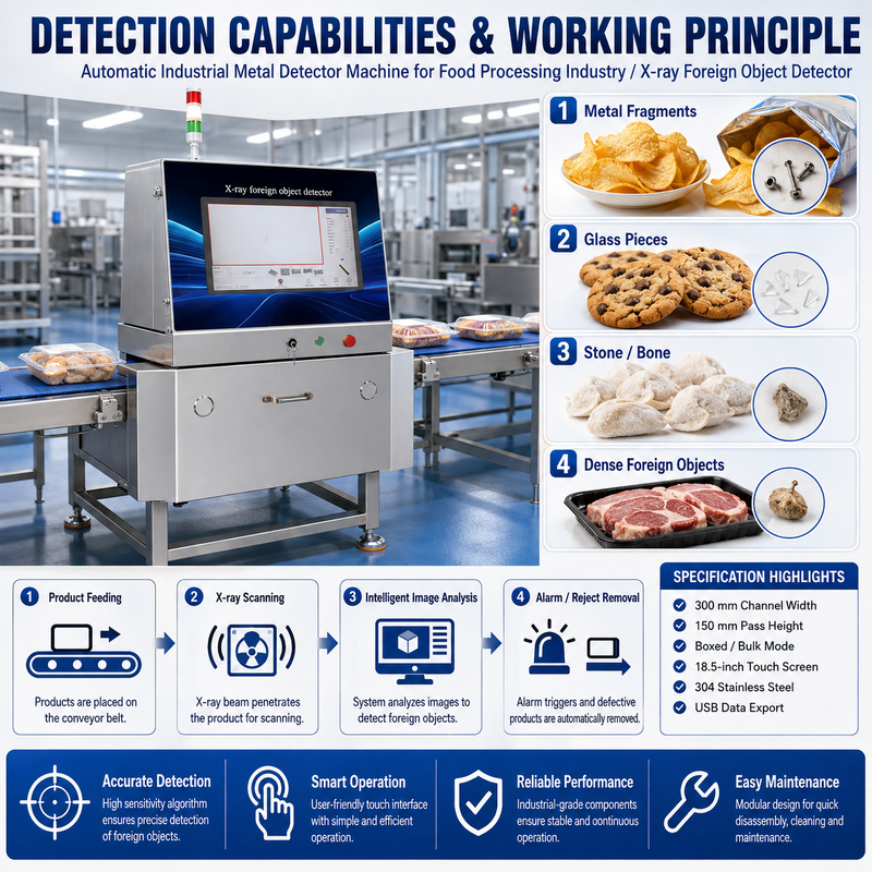 Industrial X-Ray Foreign Object Detection Equipment for Food Processing Line Metal and Non-Metal Contaminant Inspection