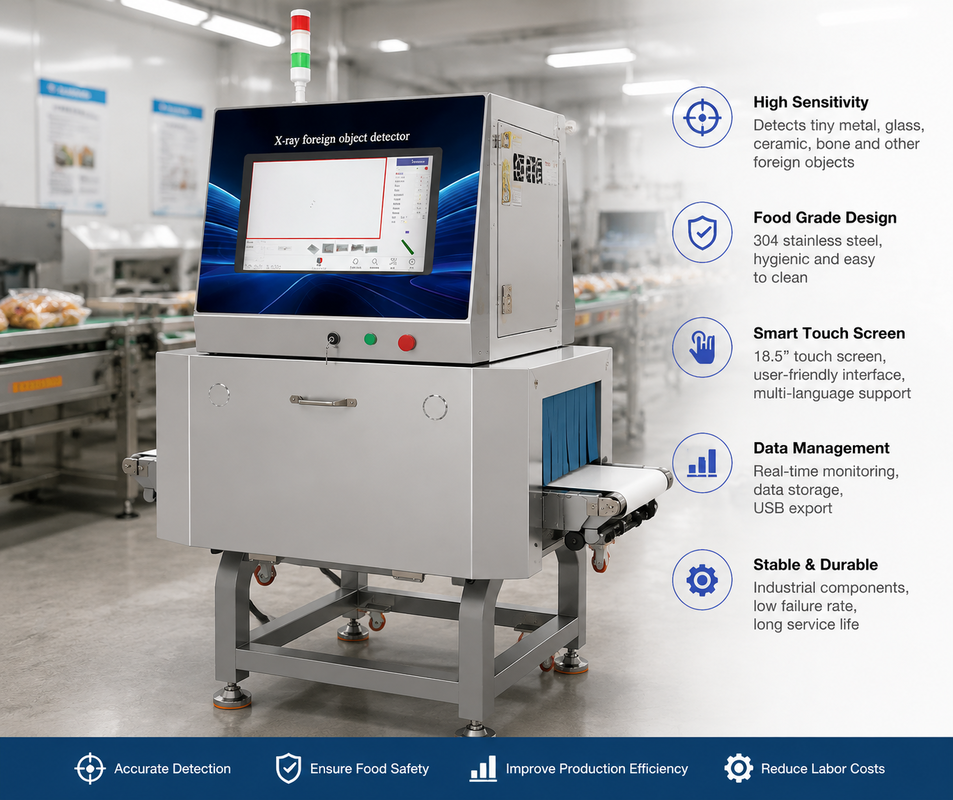 Máquina de Inspeção por Raio-X Automática para Alimentos Tipo Esteira Detector de Corpos Estranhos com Sistema de Rejeição