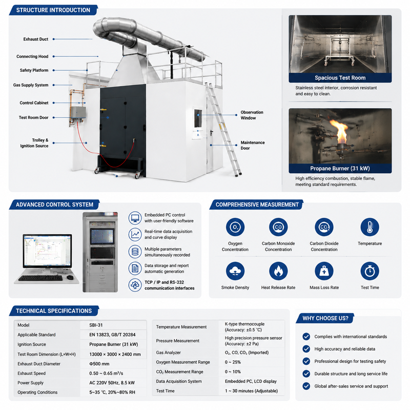 Aparelho automático de ensaio de combustível único SBI Reacção ao fogo Equipamento de ensaio de materiais de construção