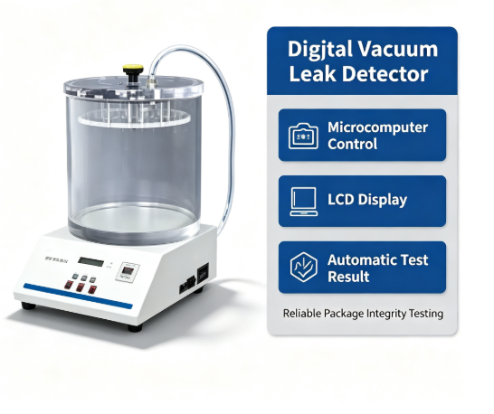 Digital Preset Vacuum Leak Tester with Automatic Compensation and Microcomputer Control for Package Seal Performance Detection